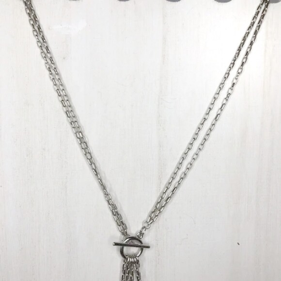 Beaded Chain Dangle Pendant Necklace Silver Tone - Picture 3 of 5